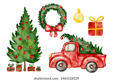 Watercolor Christmas set tree ornaments and red retro truck, clip art of christmas elements