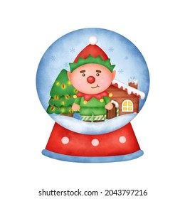 Watercolor christmas snowball globe with a cute elf.
