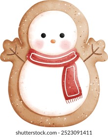 Watercolor Christmas Snowman Cookie Vector Illustration Isolated on White Background