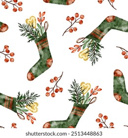 Watercolor Christmas socks vector seamless pattern