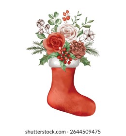 Watercolor Christmas Stocking Overflowing with Roses and Winter Berries