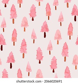 Watercolor christmas strees seamless repeat pattern. Pink, vector fir tree forest all over surface print on beige background.