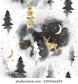 Watercolor Christmas stylish seamless pattern with reindeer, coniferous forest in gray and golden colors. Vector silhouette of firs. Nature design for textile print, page fill, wrapping paper, web