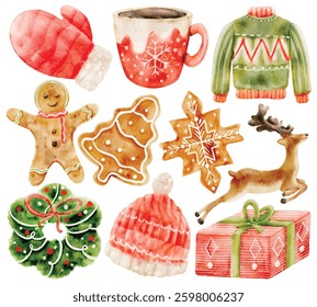 Watercolor Christmas Sweets and Gifts Illustration Set, Hand Paint, Holiday Theme, Gingerbread, Hot Cocoa, Wrapped Gift, Christmas Cookie, Snowflake, Reindeer, Winter Decor, Festive Celebration