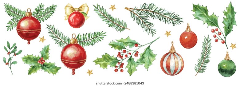 Watercolor Christmas symbols set. Hand painted winter plants, fir, red Christmas ball, holly, mistletoe. Holiday floral and objects vector illustration for design, print, background, greeting card.