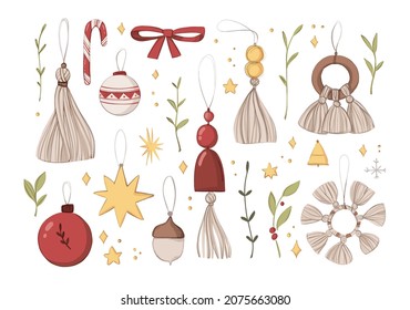 Watercolor Christmas toys collection. Vector winter illustrations. Christmas tree Baubles, decorations, greenery, stars. Perfect for invitation, postcard, decoration, home decor