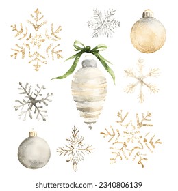 Watercolor Christmas toys and snowflakes, set of illustrations on white background. Collection of Christmas decor in retro style.