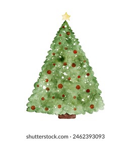 Watercolor Christmas tree decorated red ball garland, vector isolated on white