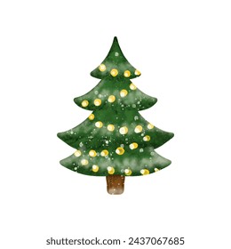 Watercolor Christmas tree decorated yellow light ball garland, vector isolated on white