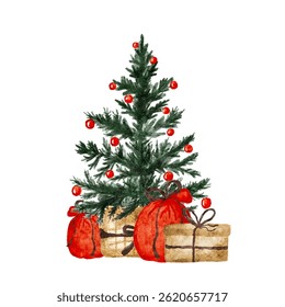 Watercolor Christmas tree with gifts and decorations in festive spirit. Vector illustration