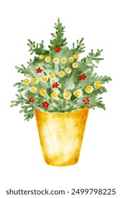 Watercolor Christmas tree in golden basket with ornaments isolated on white background