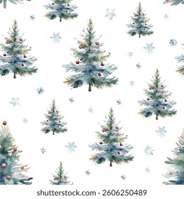 Watercolor Christmas Tree Pattern with Snowflakes