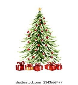 Watercolor Christmas tree with red toys balls and red gift boxes isolated on white