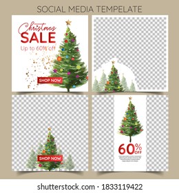 Watercolor Christmas tree social media post design template. Vector template layout design for social media.