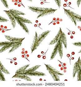 Watercolor Christmas tree twigs and red holly berries seamless pattern, new year design background