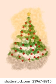 Árbol de Navidad acuarela. Vector con efecto acuarela. Árbol de Navidad con adornos rojos. Estrella de Navidad. Tarjeta de Navidad.