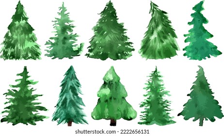 watercolor Christmas trees hand drawn, vector illustration set of silhouettes, green color. New year decoration 