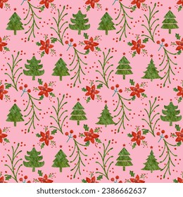 Watercolor Christmas trees, Poinsettia flower, vector repeating seamless pattern.