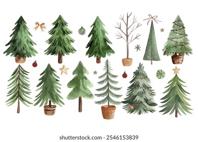 Watercolor Christmas Trees Set , Spruce and Pine Tree Illustration, Watercolor Christmas vetor illustration, Christmas tree , illustration , t-shirt design, greeting card Sent clause (Conjunto de árvores de Natal em aquarela, Ilustração de árvores de Natal em aquarela, ilustração de árvore de Natal em aquarela, desenho de camisetas, cartão de saudação)