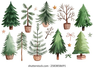 Watercolor Christmas Trees Set , Spruce and Pine Tree Illustration, Watercolor Christmas vector illustration, Christmas tree , illustration , t-shirt design, greeting card Sent clause