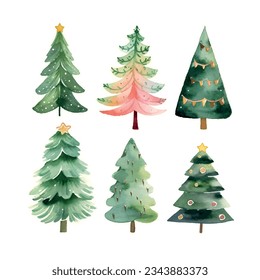 Watercolor christmas trees set watercolor for wallpaper design. Christmas, new year.