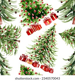 Watercolor Christmas trees vector repeating seamless pattern. Hand drawn trees green red color. Decorative winter holiday design for ribbons, card decoration, scrapbooking, banners