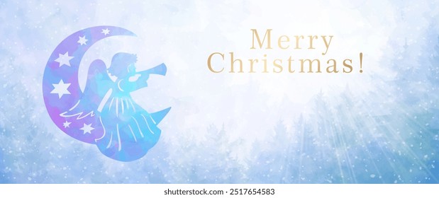 Watercolor Christmas vector background with isolated angel,  snowflakes, winter forest and sun rays for cards, flyer, poster, banner. Hand drawn winter illustration. Watercolor brushstrokes texture. 