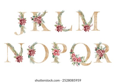 Watercolor christmas vector floral alphabet for invitations, greeting card, birthday, poster.