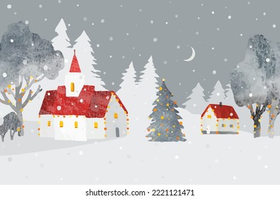 Watercolor Christmas vector illustration with church, cozy house, forest, Christmas tree under night sky with moon and snow. Cute Christmas card