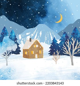 Watercolor Christmas vector illustration. Winter rural landscape with house, mountains and forest under night sky with moon. Watercolor design for christmas card, gift card, poster, banner