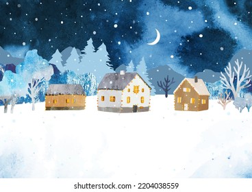 Watercolor Christmas vector illustration. Winter rural landscape with houses and trees under night sky with moon. Template frame for invitation, postcard, banner, poster