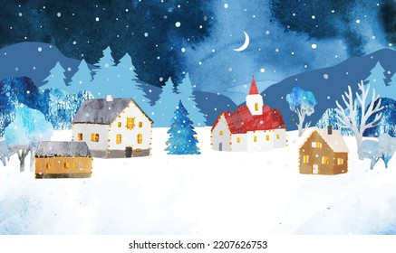 Watercolor Christmas vector illustration  Winter rural landscape and cozy houses  Christmas tree  church under night sky and moon   snow  Template  for invitation  postcard  banner  poster