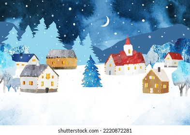 Watercolor Christmas vector illustration. Winter rural landscape with cozy houses, Christmas tree, church under night sky with moon and snow. Postcard, banner, poster