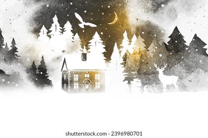 Paisaje vectorial navideño acuarela. Cerveza, bosque de coníferas, búho y casa de color gris y dorado. Plantilla para tarjeta de navidad, afiche, cartel