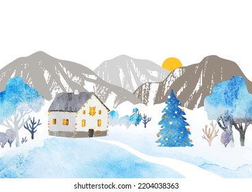 Watercolor Christmas vector landscape  Forest  Christmas tree  mountains  house   and place for text  Template frame for invitation  postcard  banner  poster