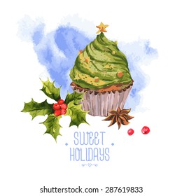 Watercolor Christmas vintage invitation card with cupcakes holly and cinnamon, vector watercolor illustration.