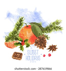 Watercolor Christmas vintage invitation card with fir branches, cones, chocolate cookies and tangerines,vector watercolor illustration.