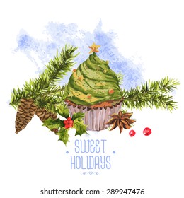 Watercolor Christmas vintage invitation card with fir branches, cones cupcakes holly and cinnamon, vector watercolor illustration.