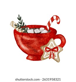 Watercolor Christmas warm drink with marshmallows, candy cane, and festive cookie displayed. Vector illustration