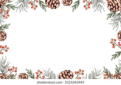 Moldura decorativa de Natal aquarela com pinecones, bagas e verde, espaço de cópia