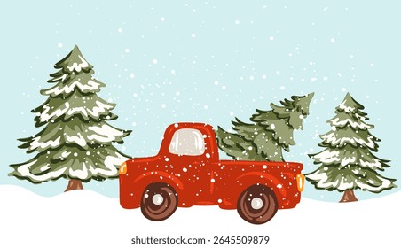 Watercolor Christmas winter landscape with red truck and trees. Vector illustration