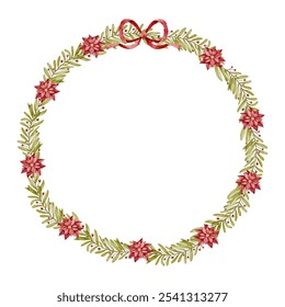 Watercolor Christmas wreath with berry leaves and Christmas flowers, Perfect for Christmas greeting cards and festive decoration vector
