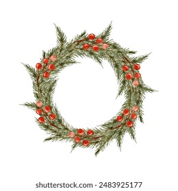 Watercolor Christmas wreath circle frame fir branch with red holly berries cut out from background