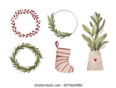 Watercolor Christmas wreath collection. Vector winter illustrations. Christmas tree wreath, vase with fir tree and greenery, red leaves wreath. Perfect for invitation, postcard, decoration, home decor