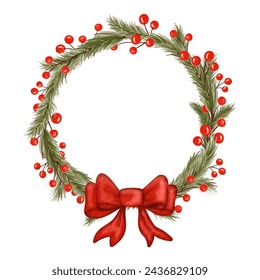 Watercolor Christmas wreath with fir tree branches and red berry and bow. Vector empty circle frame