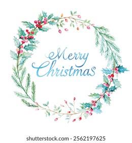 Watercolor Christmas wreath with the message 'Merry Christmas' on a white background