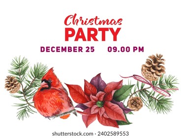 Watercolor Christmas wreath with poinsettia, cardinal bird, pine cones and fir branches isolated on white background
