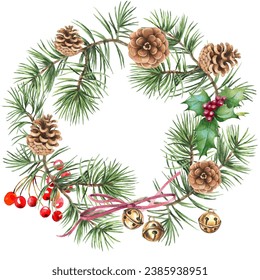 Watercolor Christmas wreath with poinsettia, pine cones and fir branches isolated on white background