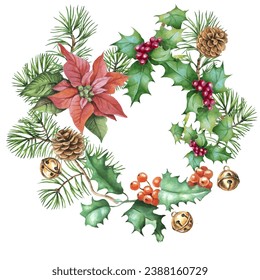 Watercolor Christmas wreath with poinsettia, pine cones and fir branches isolated on white background