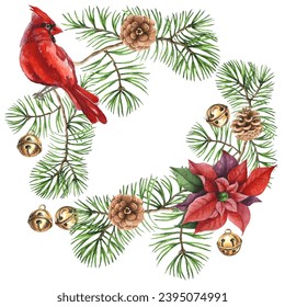 Watercolor Christmas wreath with red cardinal bird, poinsettia, pine cones, holly berry isolated on white background
